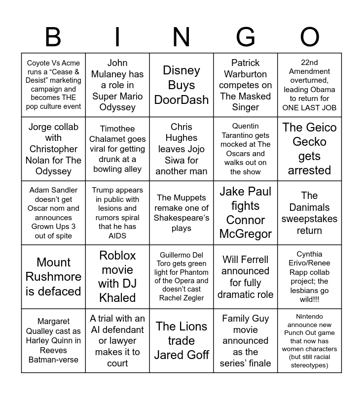Kyle’s 2026 Bingo Card Bingo Card