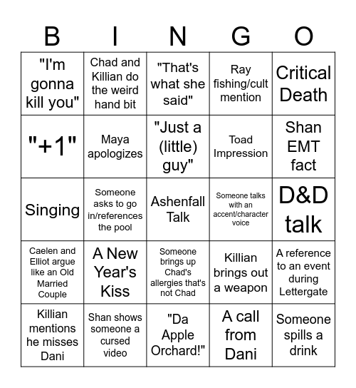 The Youths NYE Bingo Card