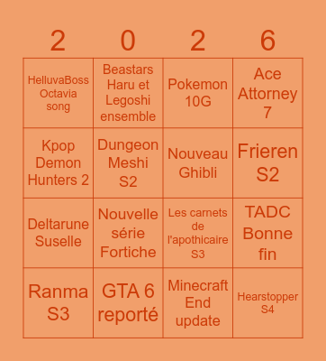 Prédictions 2026 Bingo Card