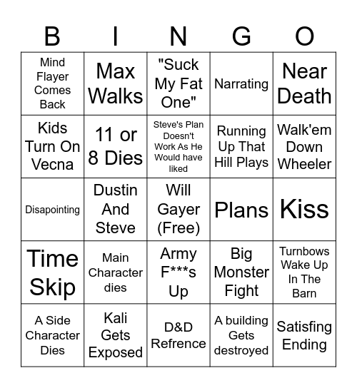 Stranger Things Finale Bingo Card