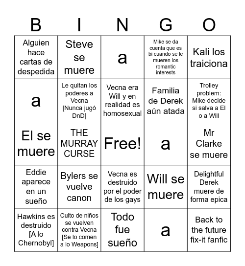 STRANGER THINGS FINALE Bingo Card