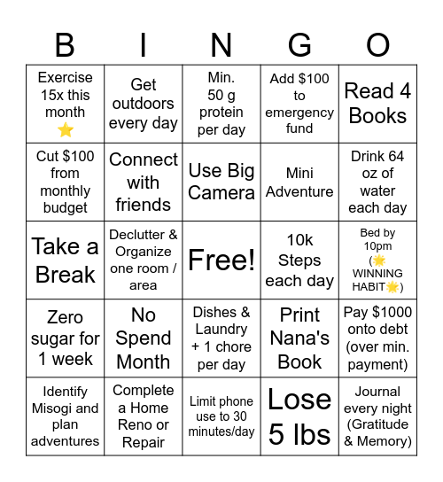 Monthly BINGO - January Bingo Card