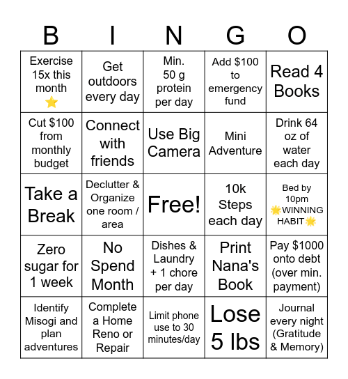 Monthly BINGO - January Bingo Card