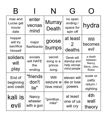 STRANGER THINGS Bingo Card