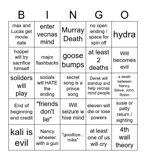 STRANGER THINGS Bingo Card