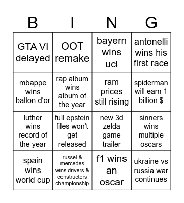 bingo for 2026 Bingo Card