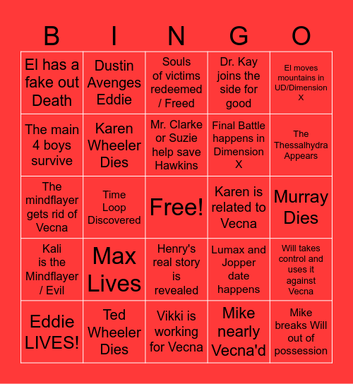 STRANGER THINGS FINALE Bingo Card