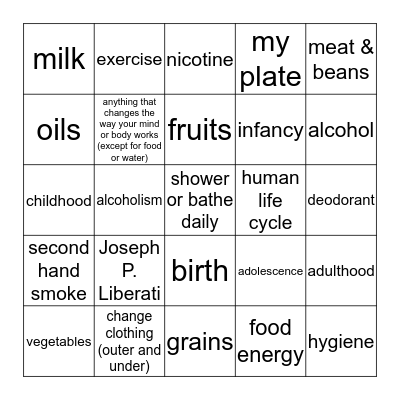 3rd Grade Healthy Bingo Card