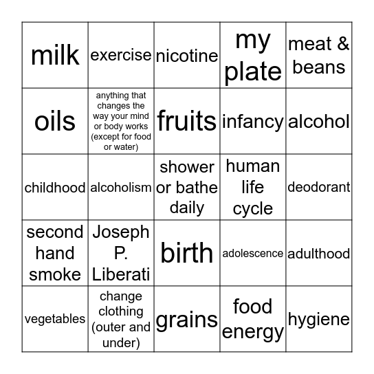 3rd Grade Healthy Bingo Card