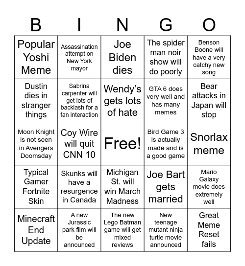 2026 Predictions Bingo Card