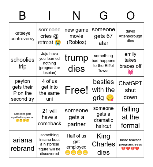 EMILY + FELIX + PEYTON 2026 PREDICTIONS Bingo Card