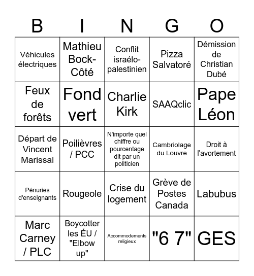 Bingo du Bye Bye 2025 Bingo Card