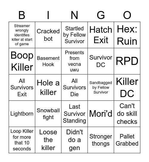 Jiggle DBD Bingo Card