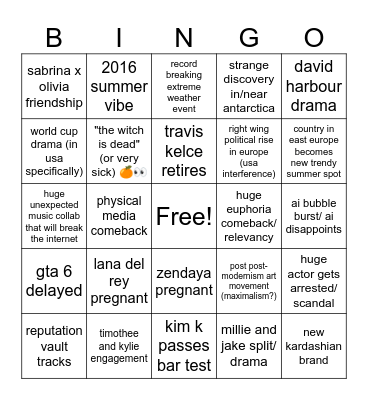 2026 Pop Culture Bingo Card