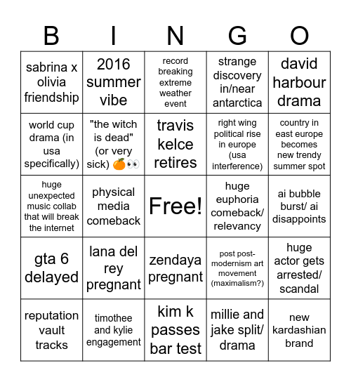 2026 Pop Culture Bingo Card