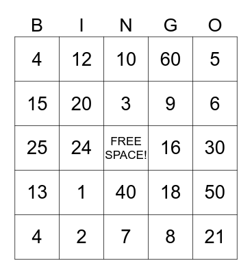 Multiplication Bingo Card