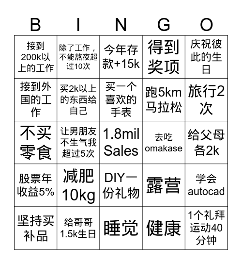 2026愿望清单 Bingo Card