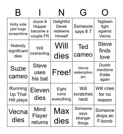 Stranger Things Finale Bingo Card