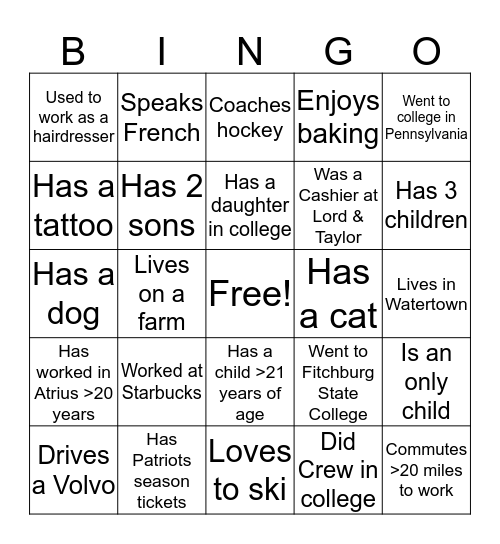 Get to know your co workers.....  Bingo Card