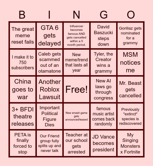 2026 Bingo Card Bingo Card