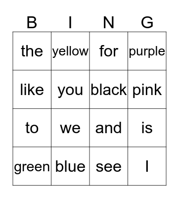 Heart Words Bingo Card