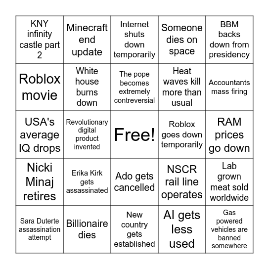 2026 Bingo Card Bingo Card