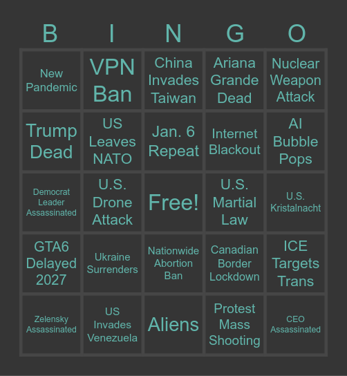 2026 Disaster Bingo Card