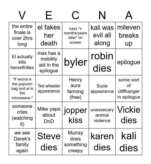 stranger things finale bingo! Bingo Card