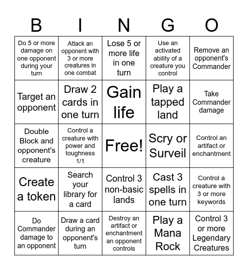 Gold Country Games Commander Bingo Card