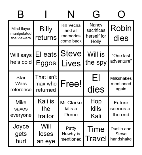Stranger Things Bingo Card