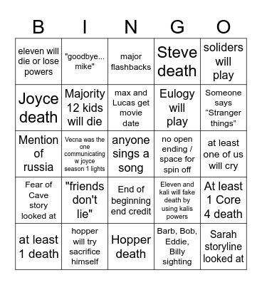 STRANGER THINGS Bingo Card