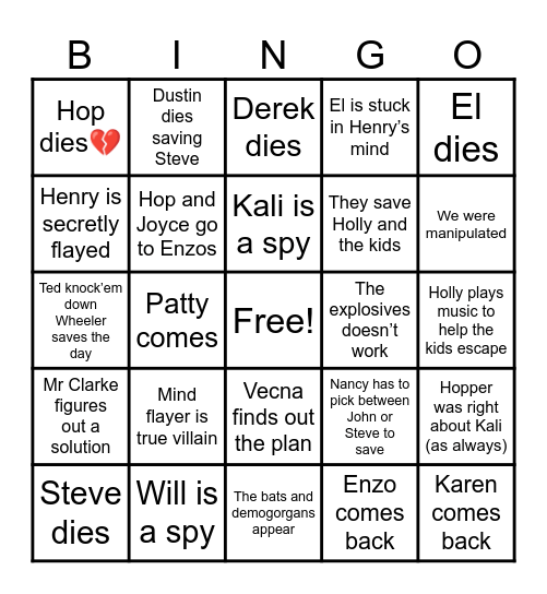 Stranger Things Bingo Card