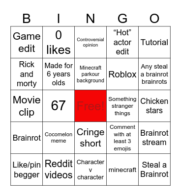 YouTube shorts Bingo Card