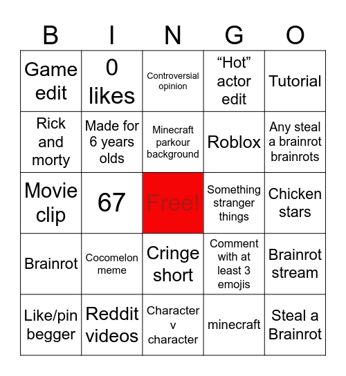 YouTube shorts Bingo Card