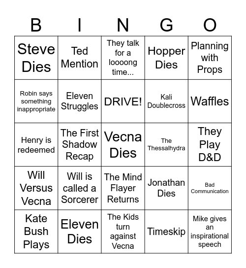 Stranger Things Final Bingo Card