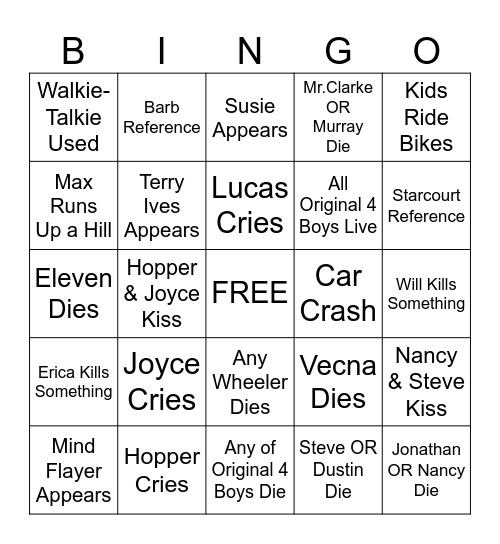 Stranger Things Finale Bingo Card