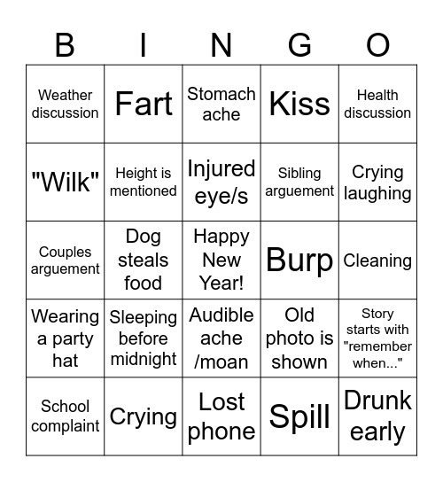 New Years Party Bingo Card