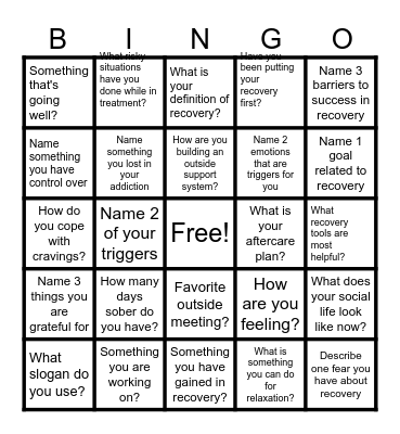 Recovery Bingo! Bingo Card