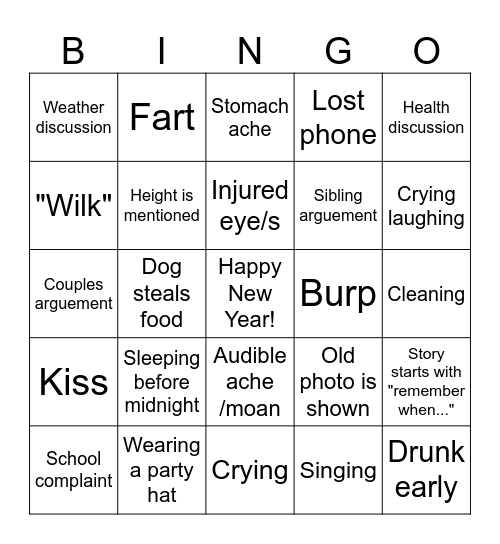 New Years Party Bingo Card