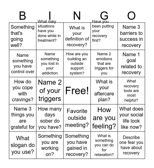 Recovery Bingo! Bingo Card