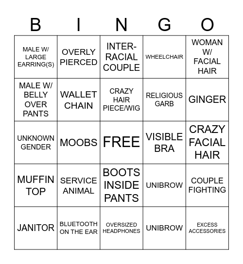 People Watching Bingo Card