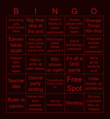 Stranger Things Finale Bingo Card