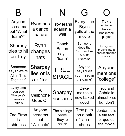 High School Musical Drinking Bingo Card