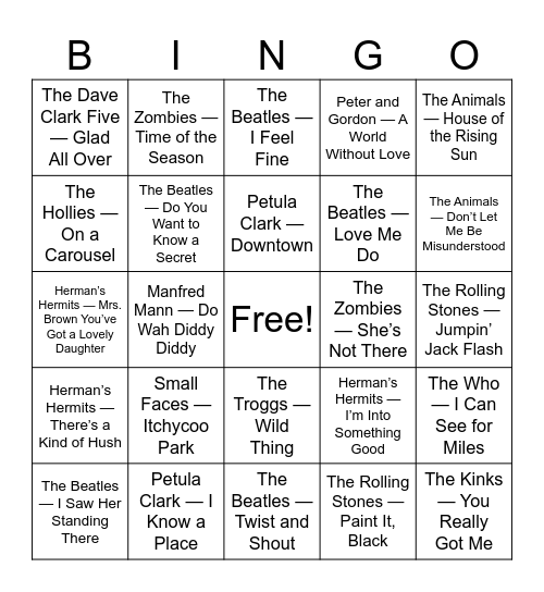 British Invasion Bingo Card