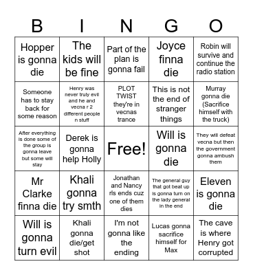 Stranger Things Finale Predictions Bingo Card