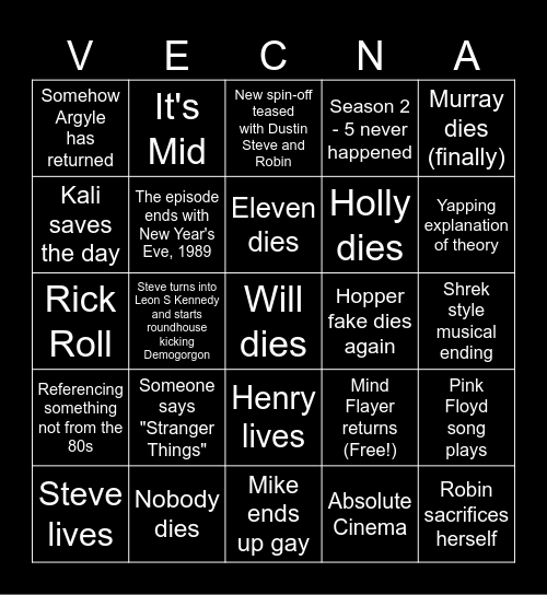 Things that may be Stranger Bingo Card