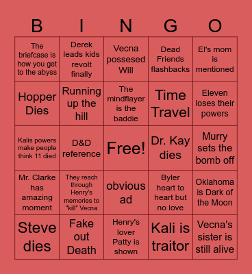Stranger Things Finale Bingo Card