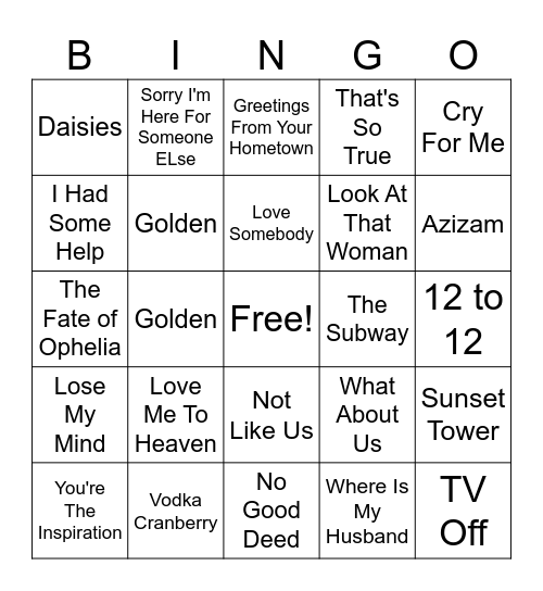 2025 Musical Bingo Card
