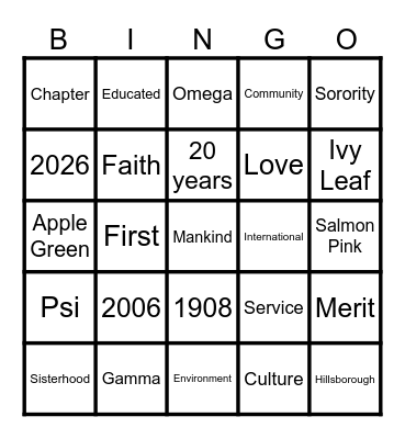 Psi Gamma Omega Bingo Card