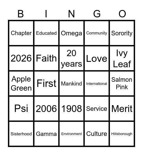 Psi Gamma Omega Bingo Card